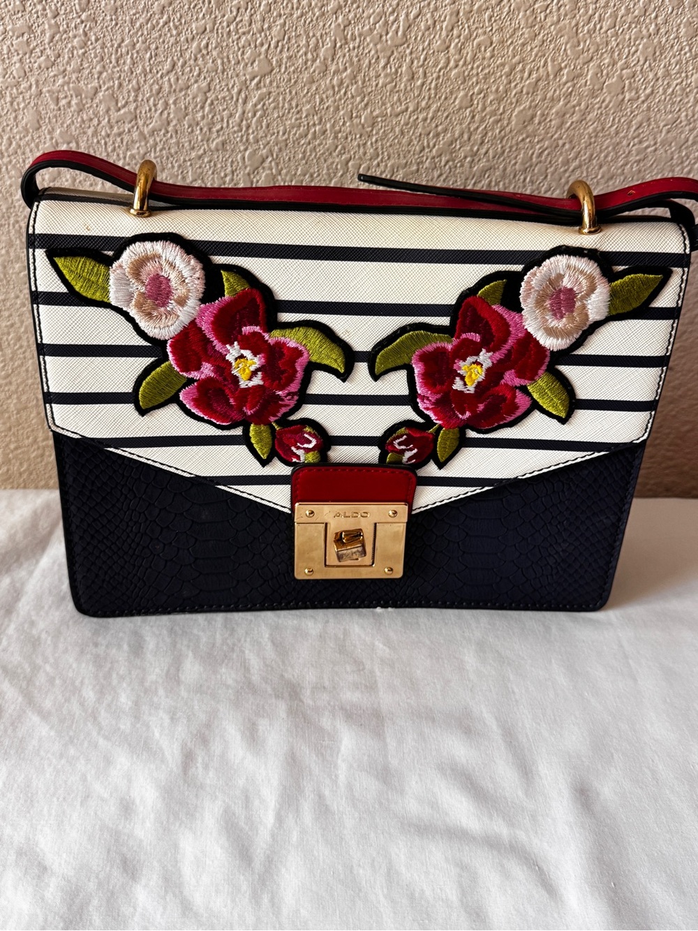 ALDO Black and White Striped Crossbody with Floral Embroidery